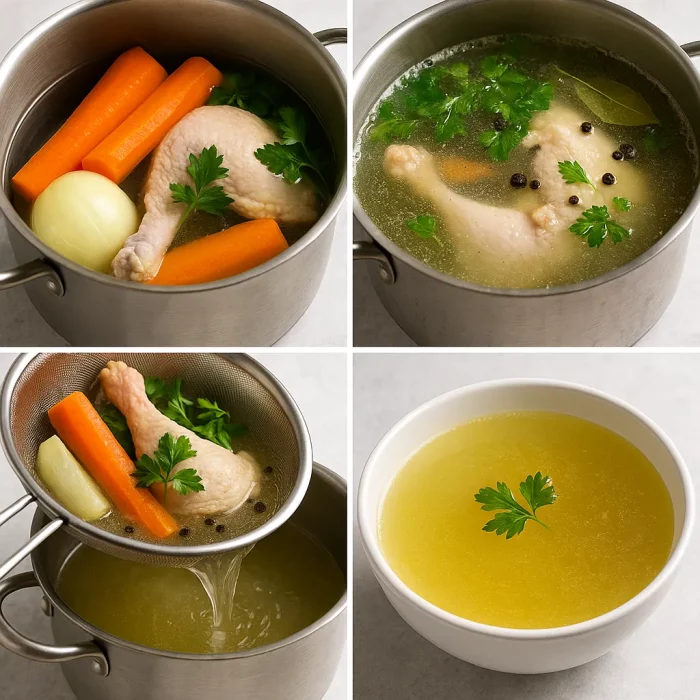 Колаж з етапами приготування курячого бульйону