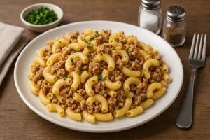 Макарони по-флотськи з фаршем на тарілці з зеленню