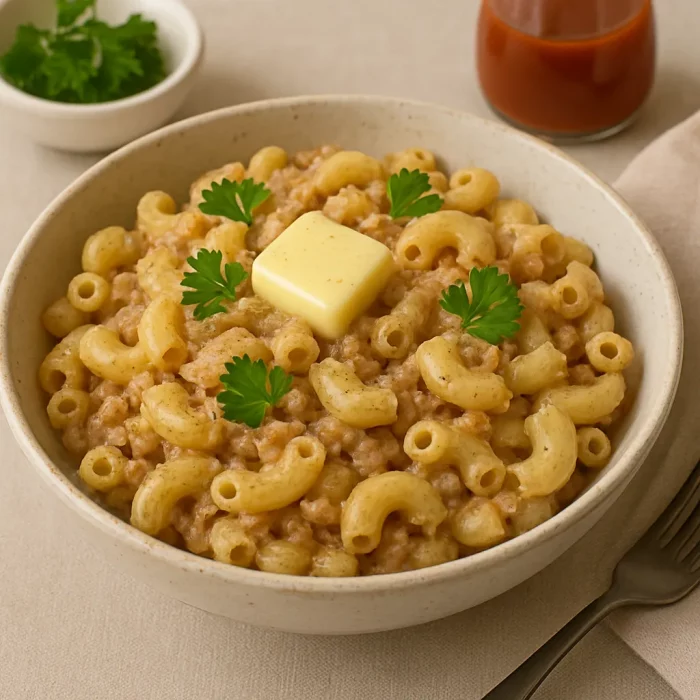 Макарони по-флотськи з маслом і зеленню