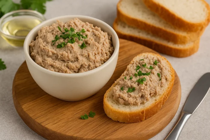 Готовий паштет з курки в мисці з грінкою