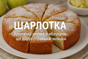 Нарізана шарлотка на білому блюді з текстом українською