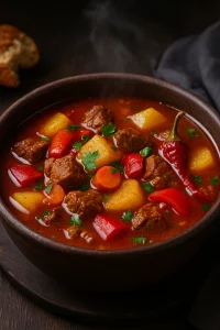 Бограч у глиняній мисці з м’ясом, картоплею та овочами