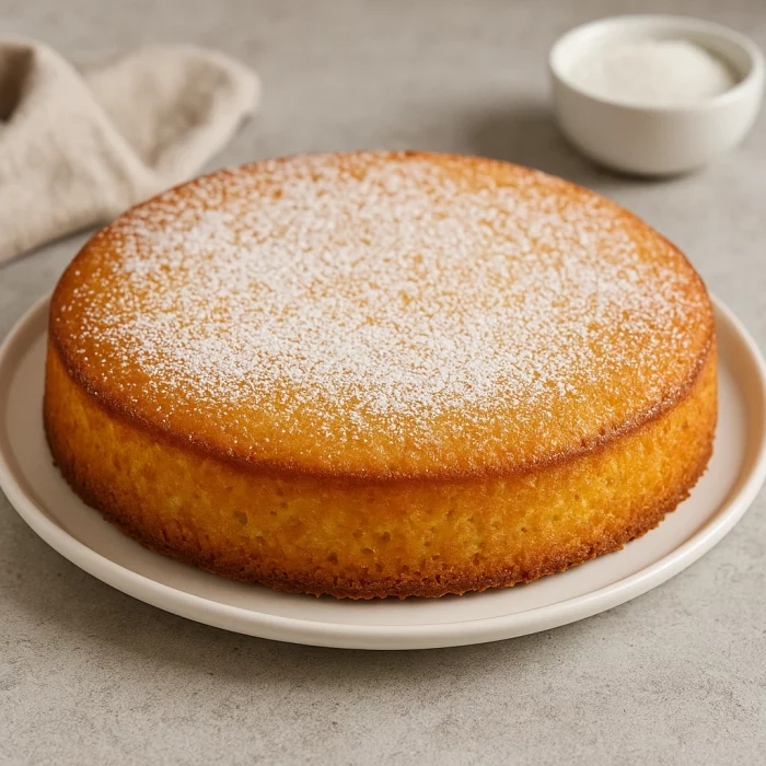 Манник на кефірі, посипаний цукровою пудрою на білому тарілці