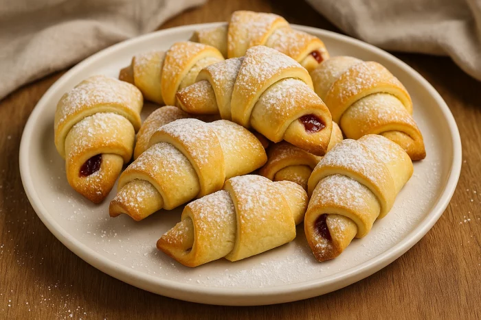 Рогалики з повидлом на тарілці, присипані цукровою пудрою