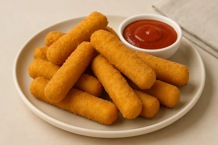 Золотисті сирні палички з хрусткою скоринкою та тягучим сиром, подані з соусом