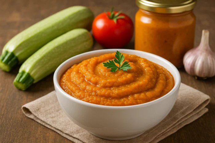 Домашня ікра з кабачків у білій мисці