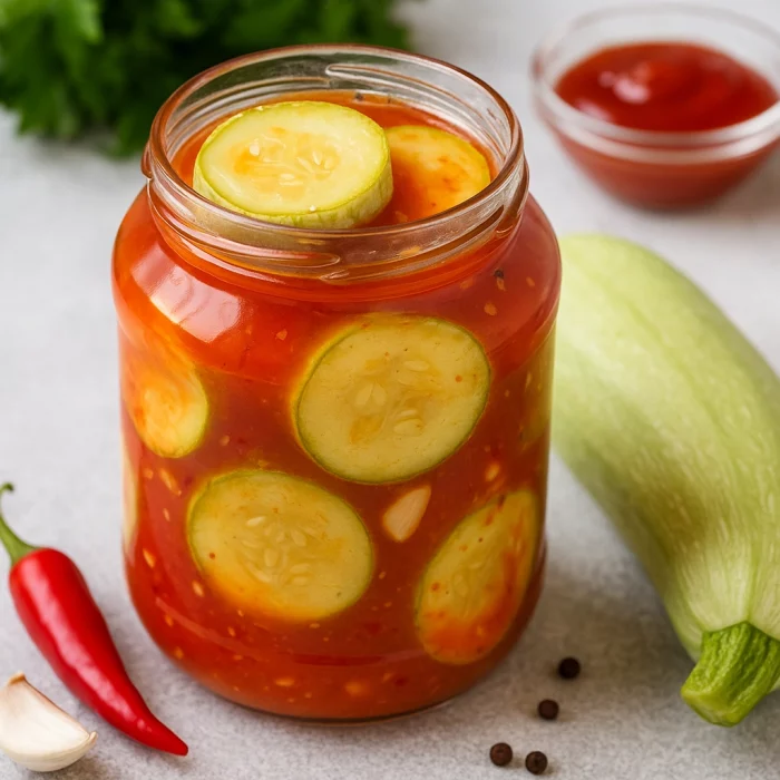 Кабачки з кетчупом чилі в банці крупним планом