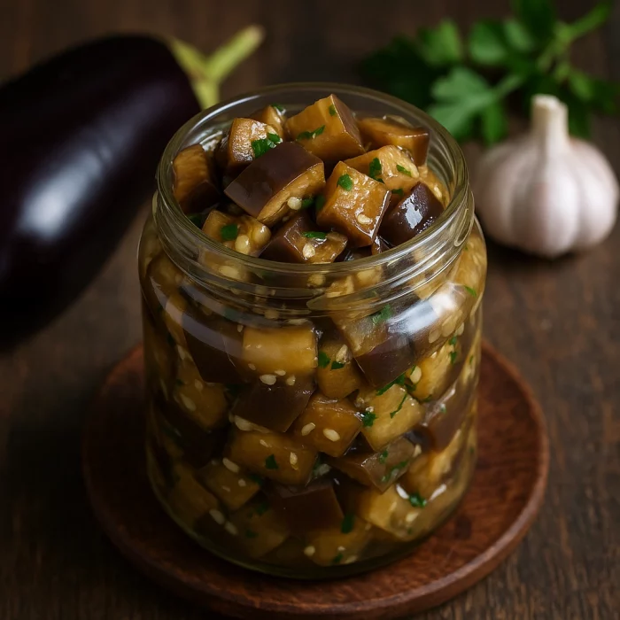 Банка з баклажанами як грибами на зиму крупним планом