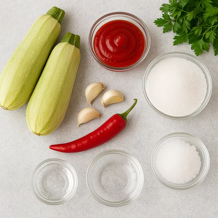 Інгредієнти для кабачків з кетчупом чилі на білому фоні