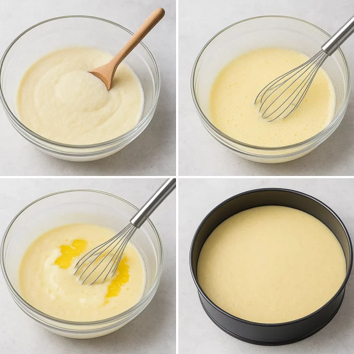 Колаж з чотирьох етапів приготування манника на кефірі