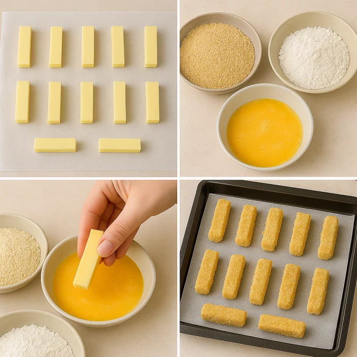 Покрокове приготування сирних паличок — нарізка сиру, паніровка та запікання