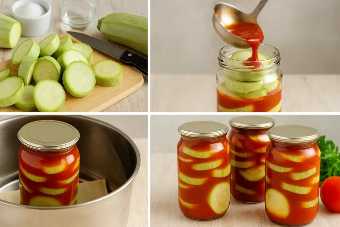 Етапи приготування кабачків з кетчупом чилі — колаж з 4 фото