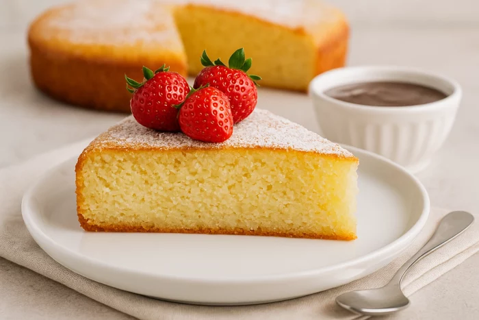 Шматок манника на кефірі з полуницями та шоколадом на тарілці