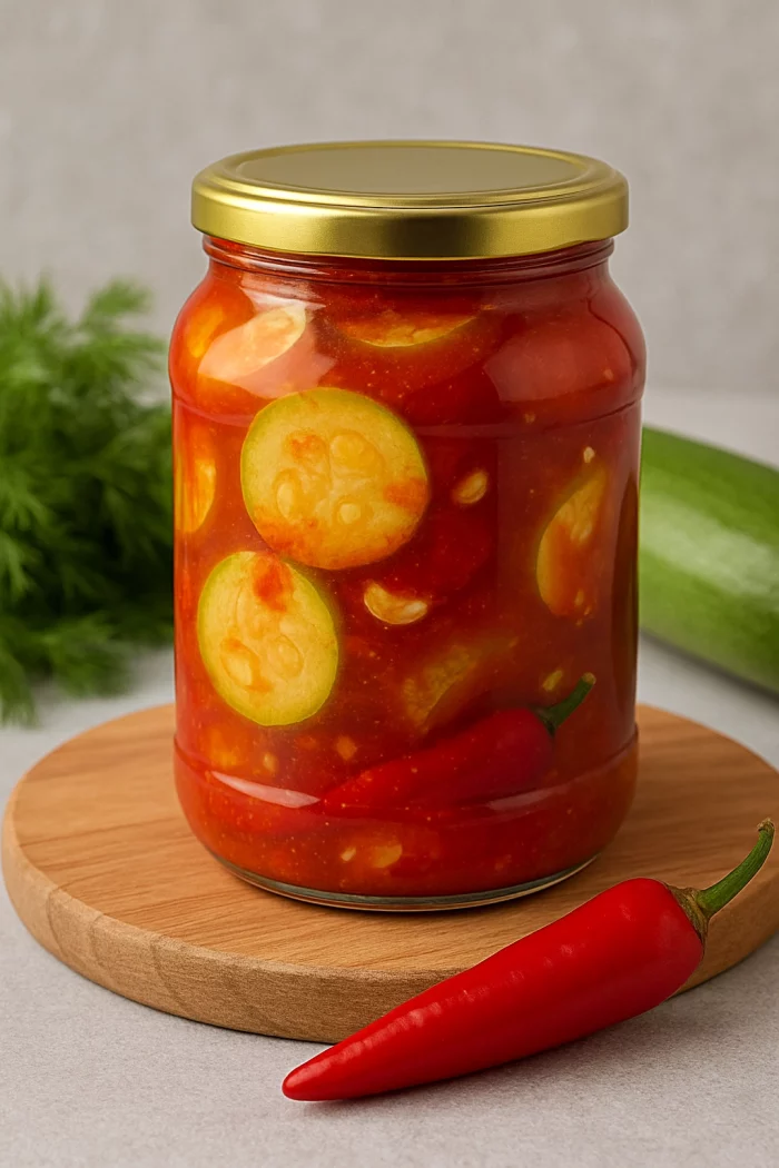 Банка кабачків у кетчупі чилі на дерев’яній дошці