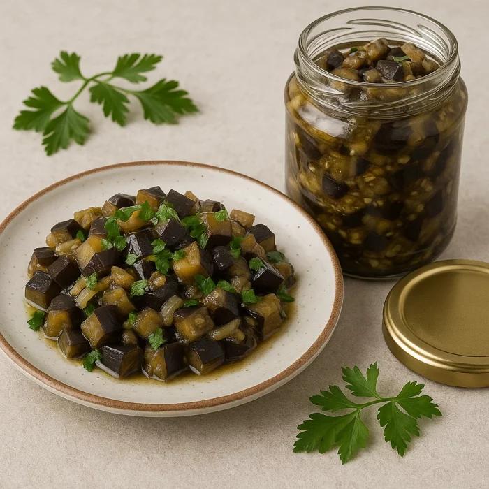 Баклажани як гриби на тарілці та у відкритій банці