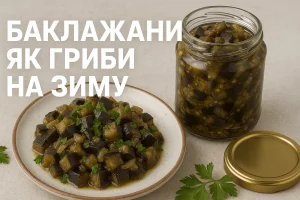 Баклажани як гриби з банкою та великою назвою на тлі