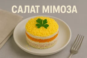 Салат Мімоза з написом на фоні