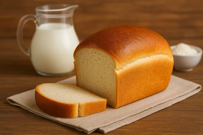 Домашній білий хліб на молоці з ніжною текстурою та глянцевою скоринкою, на фоні глечика з молоком