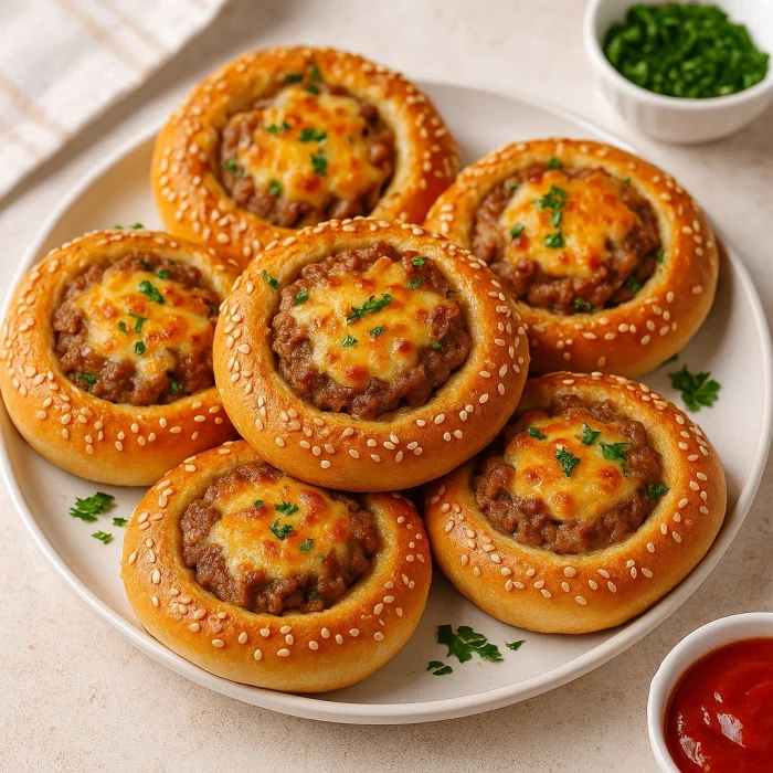 Бублики з фаршем, запечені з сиром і зеленню