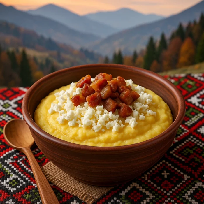 Банош у глиняній мисці на тлі Карпат