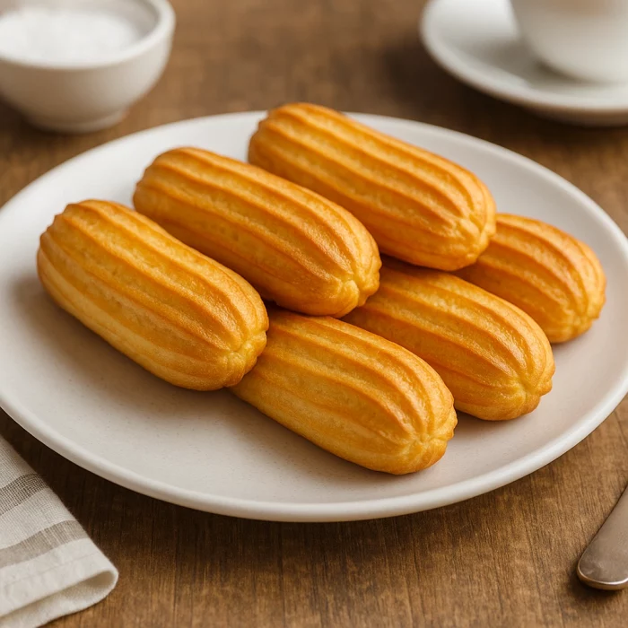 Заварні тістечка на білому тарілці, апетитно викладені на дерев’яному столі