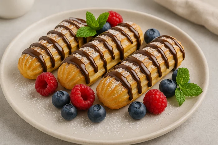 Готові заварні тістечка з шоколадом та ягодами на тарілці