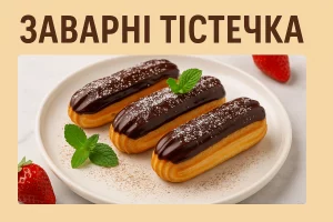 Заварні тістечка з шоколадом та м’ятою на тарілці, напис «Заварні тістечка»