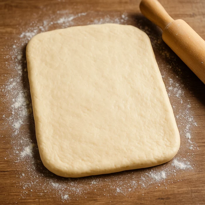 Розкачане тісто для круасанів на дерев’яному столі з качалкою