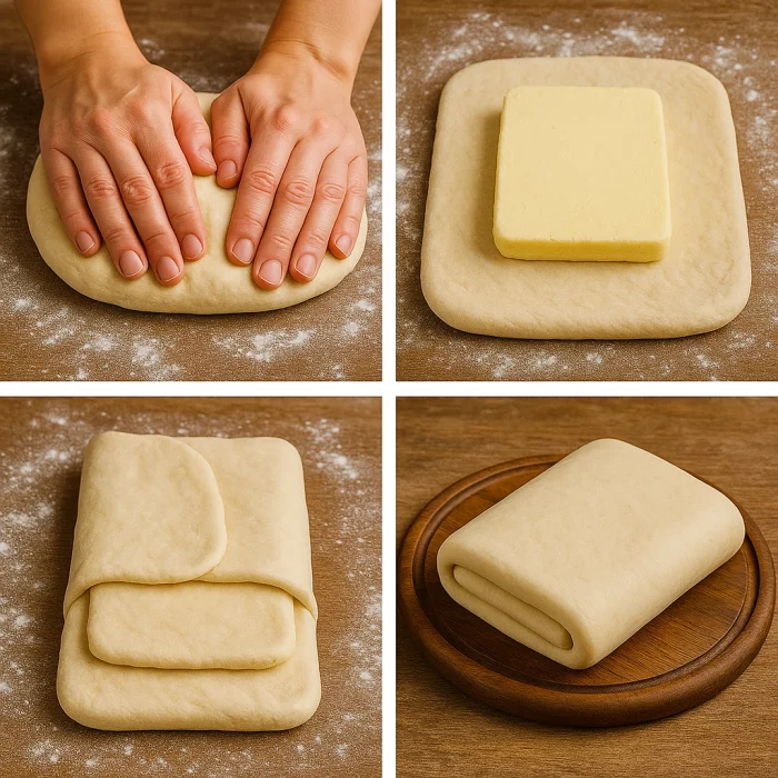 Колаж покрокового процесу приготування тіста для круасанів