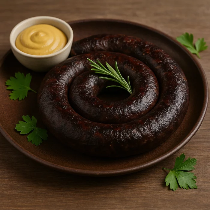 Готова ковбаса кров’янка, красиво подана на дерев’яній дошці з зеленню