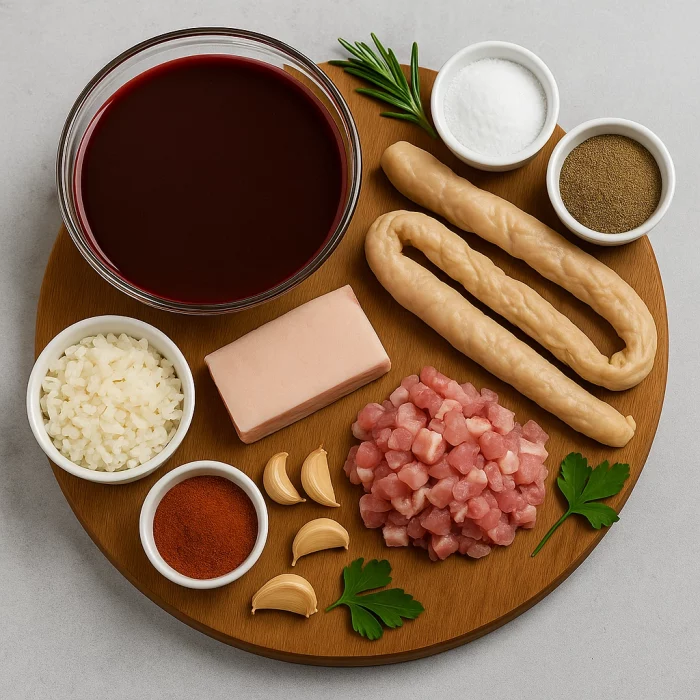 Інгредієнти для приготування ковбаси кров’янки, включно зі свинячою кров’ю у ємності