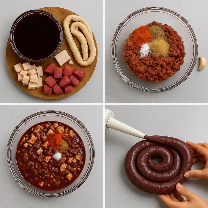 Колаж етапів приготування ковбаси кров’янки