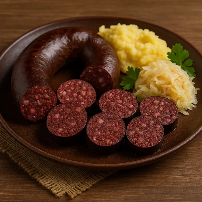 Нарізана ковбаса кров’янка на тарілці з гарніром