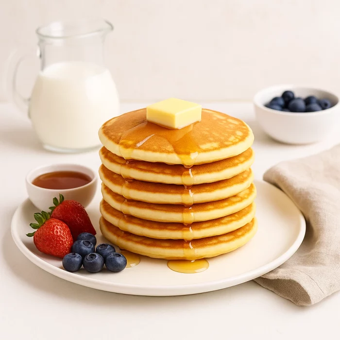 Пишні панкейки з маслом і сиропом на білому блюді