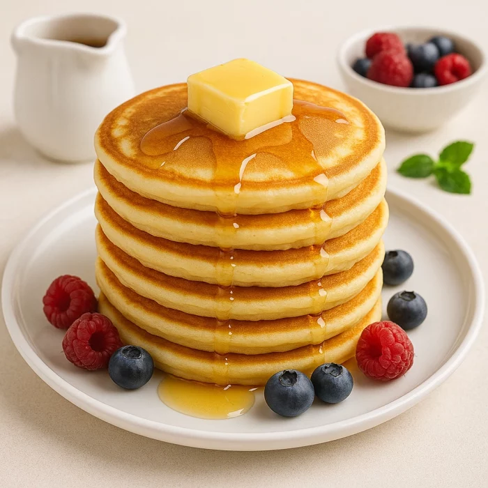 Пухкі панкейки з маслом, сиропом і свіжими ягодами