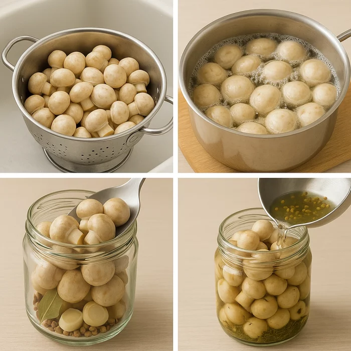 Покрокове приготування маринованих шампіньйонів – миття, відварювання, укладання у банку, заливання маринадом