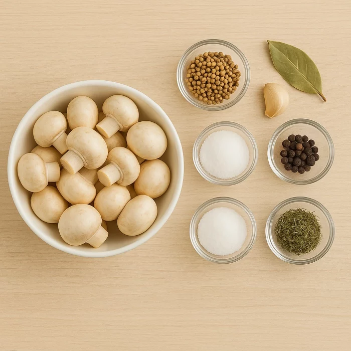 Інгредієнти для маринованих шампіньйонів – свіжі гриби, спеції, часник, лавровий лист