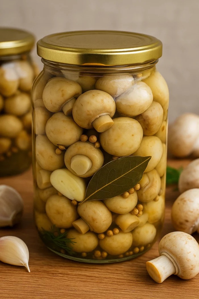 Мариновані шампіньйони у банці з часником, лавровим листом і коріандром