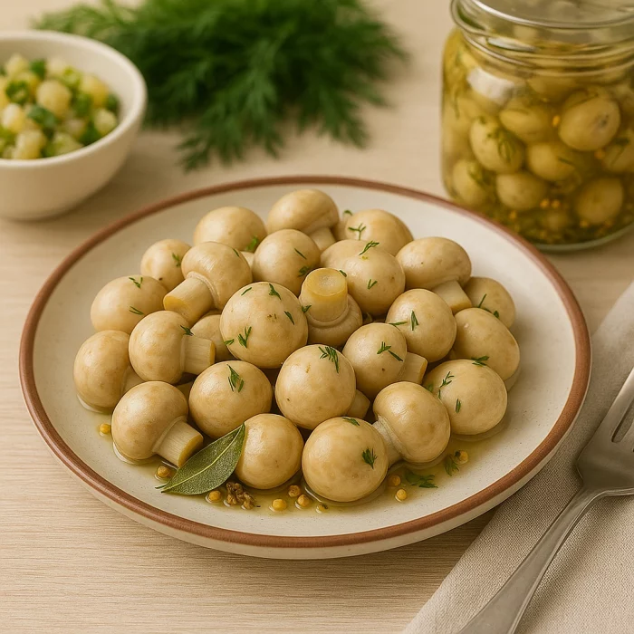 Подача маринованих шампіньйонів з кропом та спеціями на тарілці