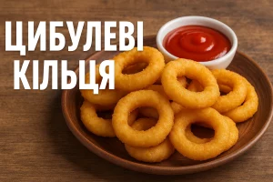 Обкладинка рецепту цибулевих кілець з написом «ЦИБУЛЕВІ КІЛЬЦЯ»
