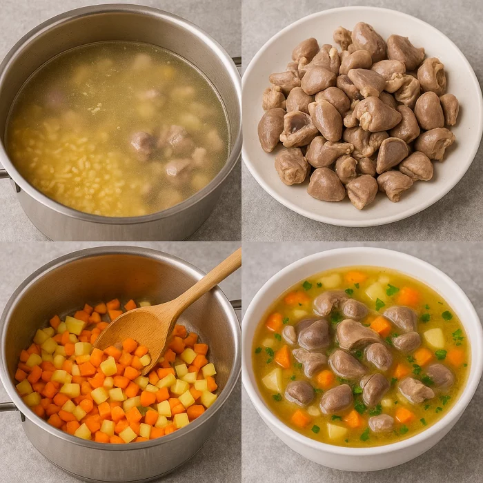 Колаж з етапами приготування курячого супу з потрошками