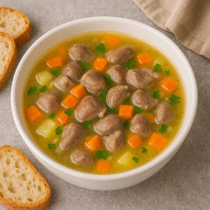 Подача курячого супу з потрошками в білій тарілці