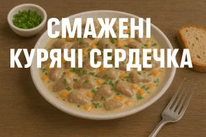 Обкладинка рецепту смажених курячих сердечок з написом «СМАЖЕНІ КУРЯЧІ СЕРДЕЧКА»