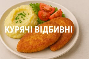 Курячі відбивні на тарілці з написом КУРЯЧІ ВІДБИВНІ