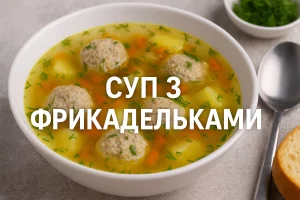 Обкладинка статті із супом з фрикадельками та написом «СУП З ФРИКАДЕЛЬКАМИ»