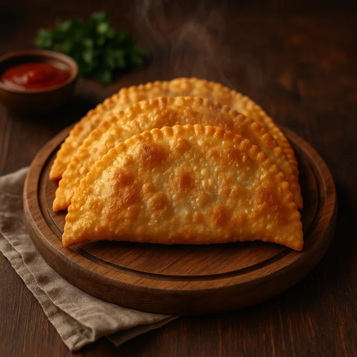 Смажені чебуреки на дерев’яній дошці