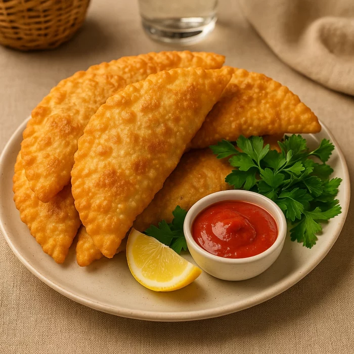 Чебуреки з соусом, лимоном і зеленню на тарілці