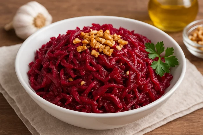 Салат з буряка з часником і горіхами у білій мисці