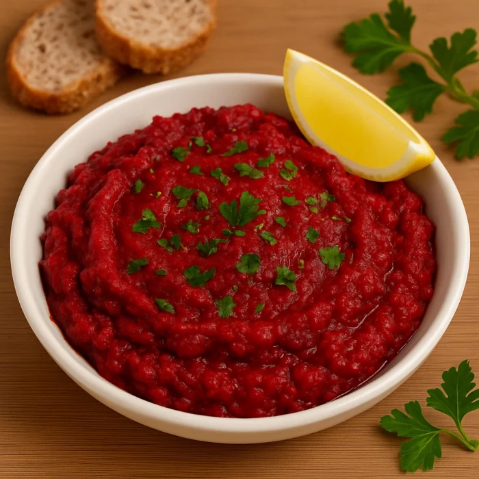 Ікра з буряка з лимоном і зеленню на тарілці