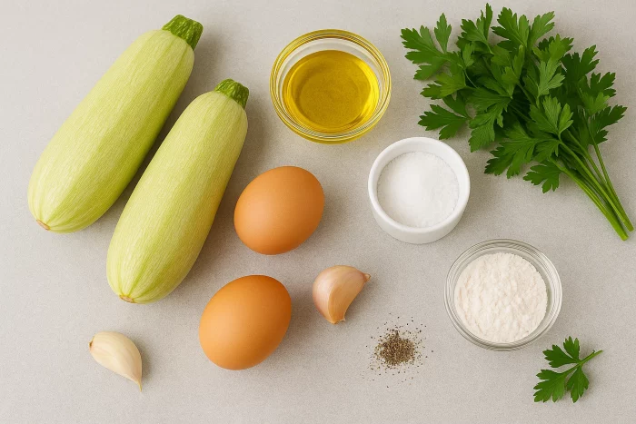 Свіжі кабачки, яйця, борошно, сіль і часник на столі